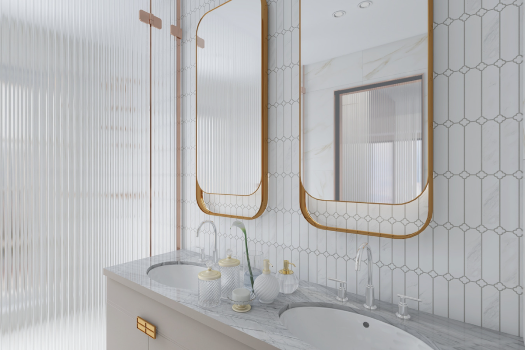 płytki marmuropodobne cecile marble raw decor w malej lazience